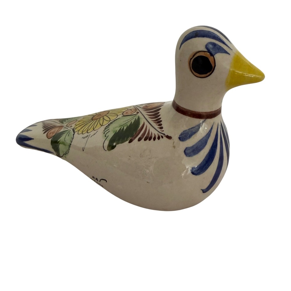 Vintage Tonala Mexico Pottery Bird Figurine Hand Painted Sunflower EA C Signed